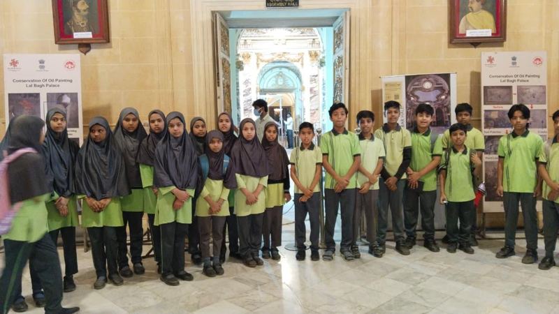 Students on an educational visit to Lal Bagh Palace, Indore